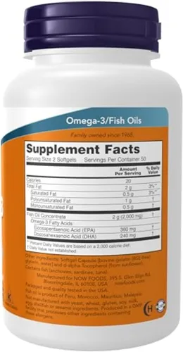 Vista 2 de Suplementos NOW Omega-3 180 EPA / 120 DHA, destilado molecularmente, apoyo cardiovascular, 100 cápsulas blandas