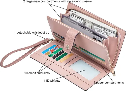 Vista 3 de Cartera organizadora de cuero para mujer con chequera y tarjetero - 2 estilos, Malva pálida-2, Classic