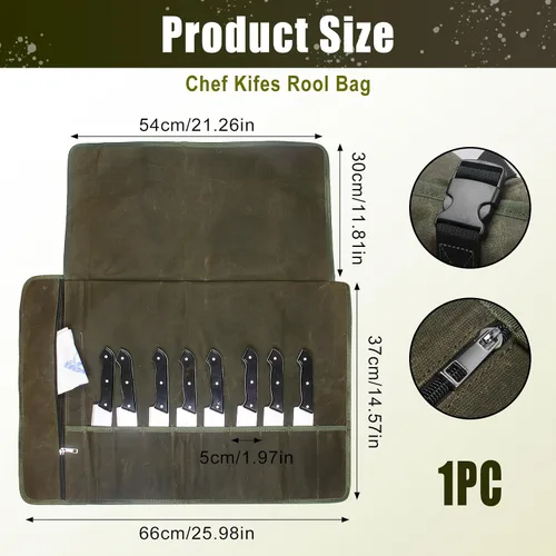 Vista 2 de Bolsa enrollable para cuchillos de chef, estuche de viaje para cuchillos de lona encerada, soporte de almacenamiento profesional resistente con 10