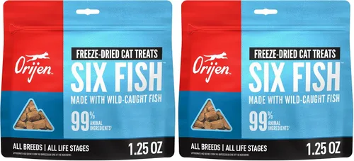 Vista 7 de ORIJEN Golosinas para gatos liofilizadas sin granos con alto contenido de proteínas, ingredientes animales crudos Seis pescados 1.25oz Bolsa