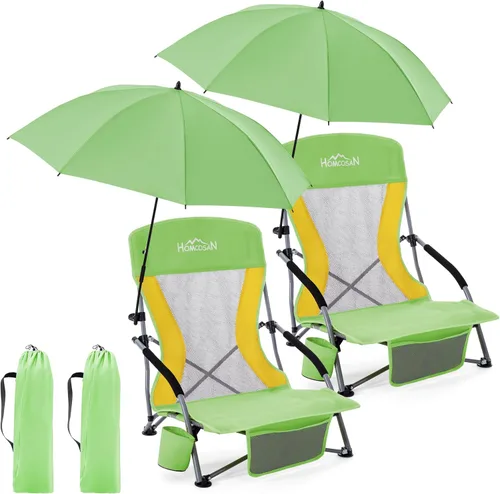 Vista 13 de Homcosan Silla de playa portátil baja plegable con paraguas desmontable, silla de campamento ligera para adultos con portavasos y bolsillo