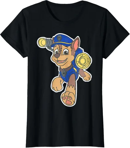 Vista 35 de Paw Patrol Chase Character Patch - Camiseta negra de manga corta con cuello redondo y ajuste clásico, talla S Negro