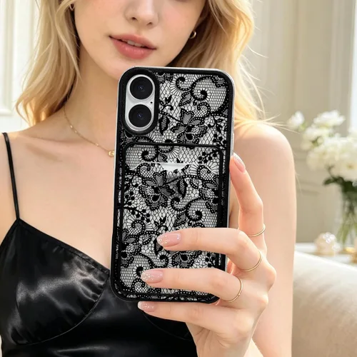 Vista 7 de NITITOP Para iPhone 16 Funda Transparente Linda Flor De Encaje - Flor Negra negro (Black Bloom)