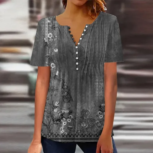 Vista 4 de Camisetas de verano para mujer, a la moda, casual, retro, con botones, cuello redondo, manga corta