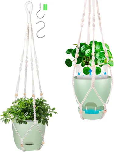 Vista 21 de Paquete de 2 macetas colgantes de riego automático de 7.2 pulgadas para plantas de interior y exterior, macetas colgantes de macramé de 34 pulgadas
