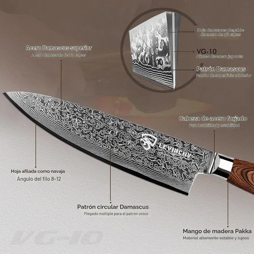 Vista 4 de Juego de cuchillos de cocina de damasco de 3 piezas, para chef Santoku, Pakkawood