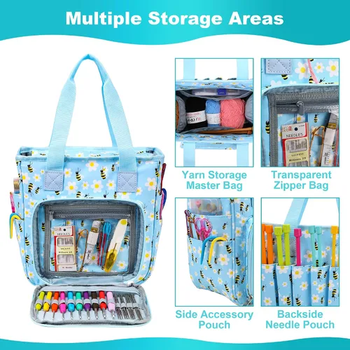 Vista 3 de Bolsa de tejer organizador de almacenamiento de hilo, bolsa de almacenamiento portátil para hilos, organizador de ganchillo de gran capacidad, kit