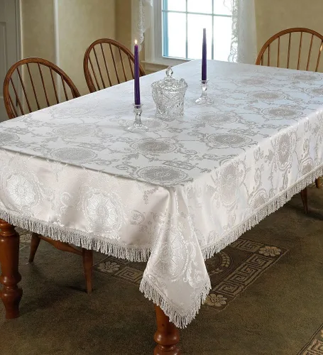 Vista 3 de Violet Linen Prestige - Mantel con diseño de damasco, 52 x 70 in, color burdeos. Borgoña