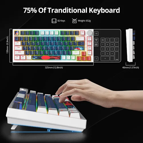 Vista 6 de Guffercty kred 75% de soporte de junta de teclado con cable azul, teclado mecánico RGB intercambiable en caliente programable con perilla