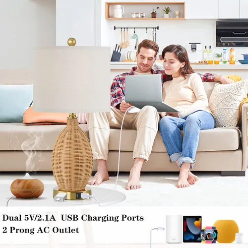 Vista 3 de CINSARY Lámparas de mesa de ratán con control táctil, lámparas de noche regulables de 3 vías para dormitorio, juego de 2 con 2 puertos USB y salida
