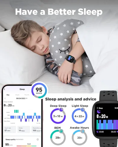 Vista 4 de Reloj inteligente BIGGERFIVE para niños, rastreador de actividad física de 1.8", podómetro, frecuencia cardíaca, monitor de sueño, IP68 resistente