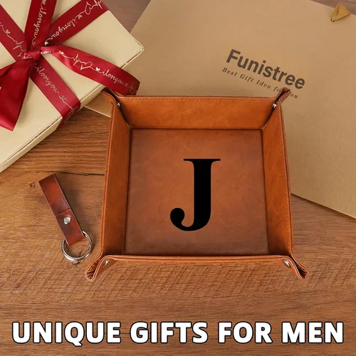 Vista 5 de Funistree Regalos para hombres, papá, marido, Navidad, cumpleaños de hija, hijo, esposa, bandeja de valet de piel sintética con monograma y llavero