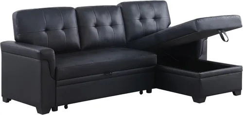 Vista 7 de Daesar Sofá seccional reversible moderno de cuero vegano negro con diván de almacenamiento