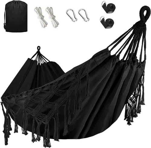 Vista 10 de Bellzacasa Hamaca Doble, Resistente, Capacidad de Carga de 500 lb con Borlas y Tejido de Cola de Pez con Correas de Montaje para Camping al Aire