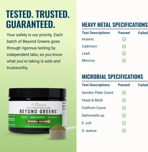 Vista 6 de Live Conscious Beyond Greens Superfood Powder – Delicioso polvo deshinchante Super Greens – Mezcla de verduras Matcha con clorella, equinácea