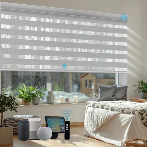 Vista 13 de SmartWings Persianas motorizadas de cebra con cenefa funcionan con Homekit Thread Alexa Z-Wave Smart de doble capa con control remoto, persiana