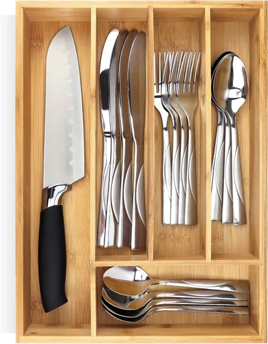 Vista 10 de Pristine Bamboo bandeja organizadora de cubiertos – Utensilios de mesa, cubiertos, soporte de cubiertos para cajón – Organizador de cajón de madera