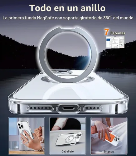Vista 6 de TORRAS Anillo giratorio 360° para iPhone 14 Pro Max [Compatible con Magsafe] con soporte, soporte magnético para anillos, grado militar, a prueba