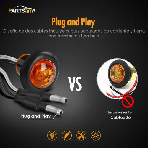 Vista 2 de Partsam 20 luces LED ámbar de 3/4 pulgadas con enchufe, mini indicadores redondos sellados de 3/4 pulgadas, luces de parrilla para camión, remolque