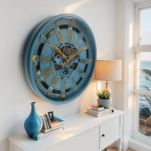 Vista 2 de ImprovingLife The Gears Clock - Reloj de pared de 26 pulgadas con engranajes móviles reales línea Bélgica con cubierta de cristal (azul, 26 pulgadas)