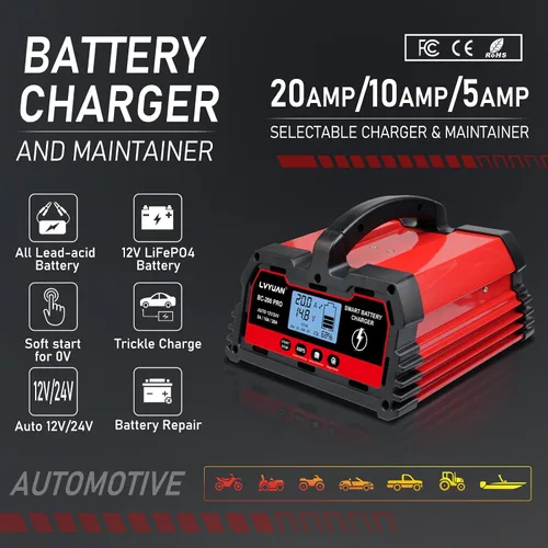Vista 2 de LVYUAN Cargador de batería de 20 A, 12 V/24 V, cargador de batería inteligente para automóvil con cargador de goteo, cargador LiFePO4 de 12 V