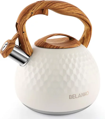 Vista 9 de BELANKO - Tetera de acero inoxidable de 2.7 cuartos de galón para estufa, de grado alimenticio con mango de patrón de madera, con silbido fuerte