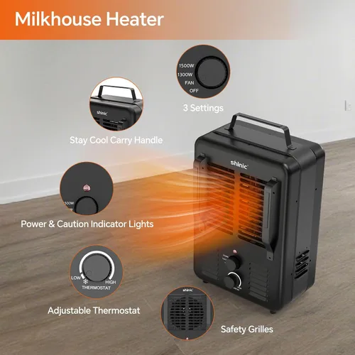Vista 4 de Shinic Calentador Milkhouse de 1500 W, calentador utilitario Milkhouse con termostato ajustable, protección contra sobrecalentamiento y vuelco
