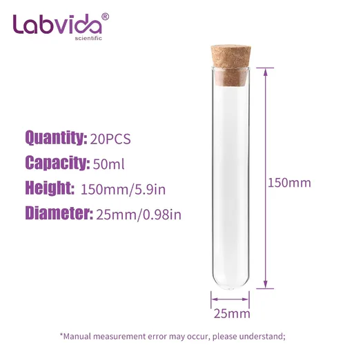 Vista 3 de Tubos de Ensayo de Vidrio para Plantas 20 piezas, 25x150mm vol. 50ml (1.69oz) Vasos de Chupito de Tubo de Ensayo con Tapones de Corcho, LVH009