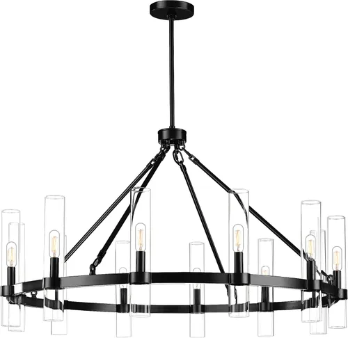 Vista 9 de Untrammelife Lámpara de Isla Lineal Moderna, Candelabro Grande Negro de 6 Luces de 36" de Ancho, Lámpara Colgante Rectangular con Pantalla de Vidrio