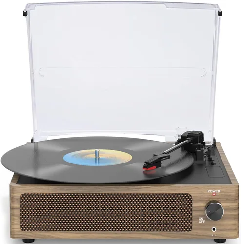 Vista 14 de Tocadiscos de vinilo vintage con altavoces, giradiscos accionados por correa, compatible con 3 velocidades, reproducción inalámbrica Bluetooth