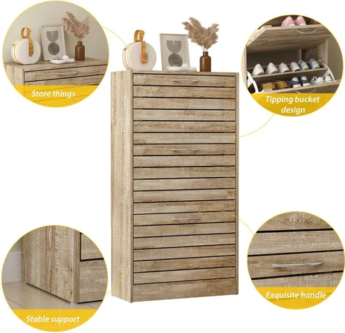 Vista 4 de FUFU&GAGA Gabinete de madera para zapatos con 3 cajones abatibles para entrada, gabinete estrecho de almacenamiento de zapatos con 3 cajones
