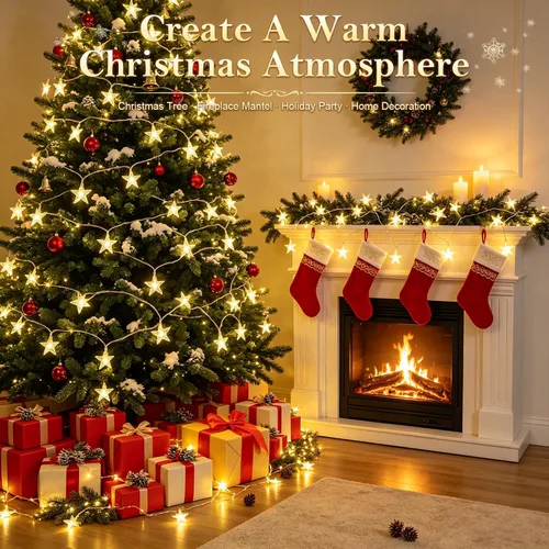 Vista 2 de 20FT 60LED Christmas Star Fairy String Lights Battery Operated Warm White 8 Lighting Modes with Timer Function IP44 Waterproof Design for Christmas