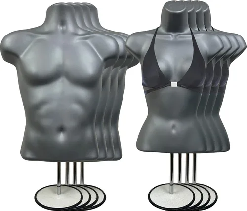 Vista 36 de Maniquí de torso masculino y femenino con soporte de metal, cuerpo con respaldo hueco, apilable, forma de vestido para exhibición de camisetas Negro