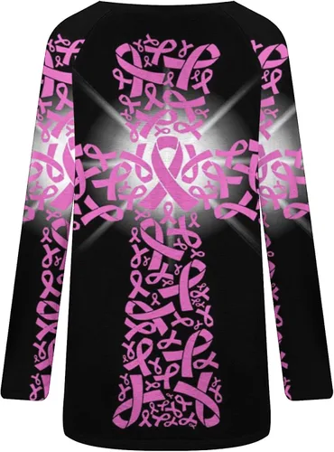 Vista 3 de ZunFeo Breast Cancer Awareness Shirts Women Long Sleeve Crewneck Pink Ribbon Graphic Breast Cancer T-Shirt Loose Fit Pullover