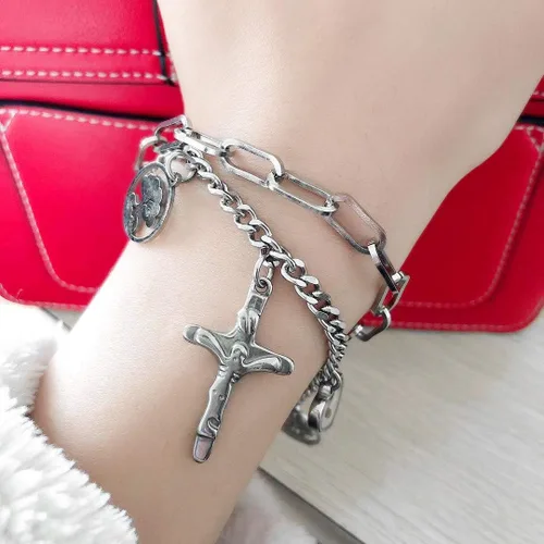 Vista 2 de Encantos Jesús Crucifijo Cruz Eslabón Cadena Pulsera Árbol de la Vida Brazaletes, Acero Inoxidable, Semilla de Mostaza Joyería Cristiana ZY077