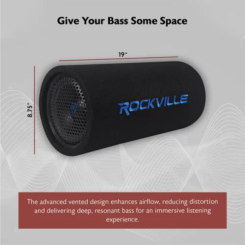 Vista 3 de Rockville RTB80A, subwoofer de bajos alimentado de 8 pulgadas y 400 W, forma de tubo con entrada mp3