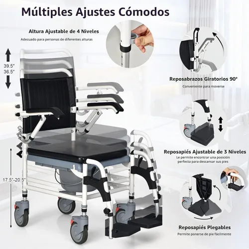 Vista 4 de Giantex Silla de ruedas 4 en 1 para inodoro con brazos, 4 ruedas bloqueables, cubo desmontable, altura ajustable y reposapiés abatible, silla