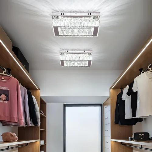 Vista 6 de Finktonglan Lámpara de Techo LED de Cristal Empotrada Moderna, Candelabro Rectangular de Cristal K9 y Acero Inoxidable, 20W Regulable con Control