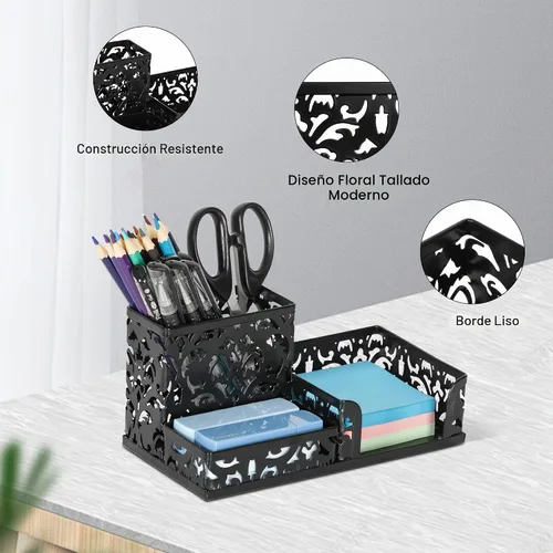 Vista 3 de Organizador para escritorio de oficina, de EasyPag, con 3 compartimentos, con diseño calado de flores, Negro