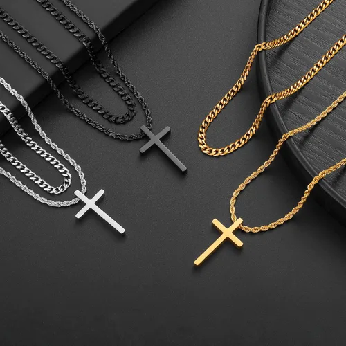 Vista 6 de LUXEJEW Collar de cruz para hombres y niños, collar con colgante de cruz de acero inoxidable dorado, plateado y negro, collar de cadena de eslabones