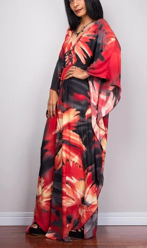 Vista 6 de Vestidos caftán para mujer con cuello ondulado, vestido de caftán, vestido de playa largo de gran