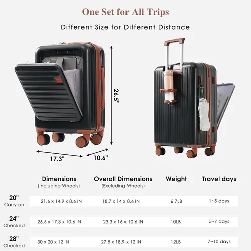 Vista 55 de Merax Juego de equipaje rígido ABS expandible de 3 piezas con rueda giratoria Maleta TSA Lock Suit Case, Negro -, Juego de 2 piezas, Equipaje
