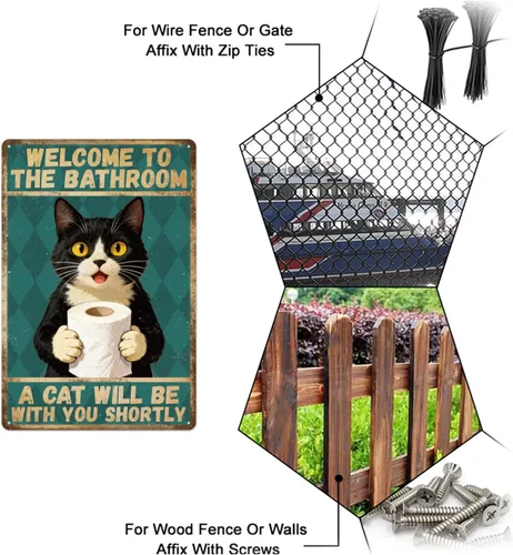 Vista 4 de GLOBLELAND Bathroom Black Cat Metal Tin Sign 8x12 inch "Welcome to the Bathroom" Funny Vintage Painting Tin Signs Wall Poster Plaque for Toilet Room