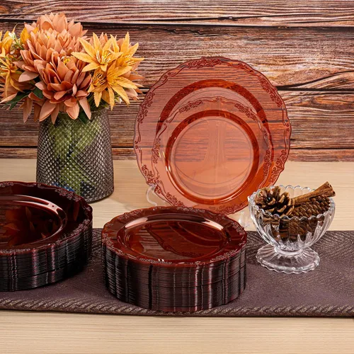 Vista 4 de U-QE 100 platos de plástico ámbar – Platos de plástico marrón transparente desechables resistentes – platos desechables para fiestas, incluyendo 50