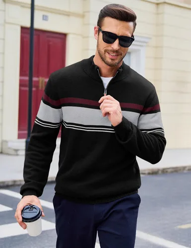Vista 38 de MAGCOMSEN Suéteres de algodón con cremallera de 1/4 para hombre, suéter tipo polo, a rayas, para otoño e invierno, sudaderas cálidas