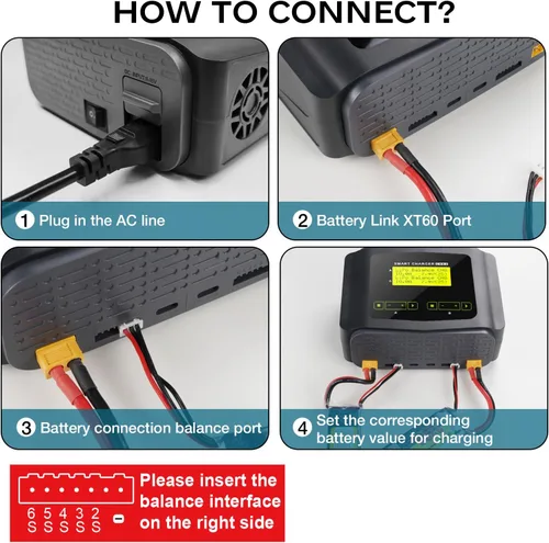Vista 3 de Cargador de batería dual lipo 1S-6S RC Cargador de batería de coche 240W 10A Balance Cargador de descarga para LiPo/Li-ion/Vida (1-6s)