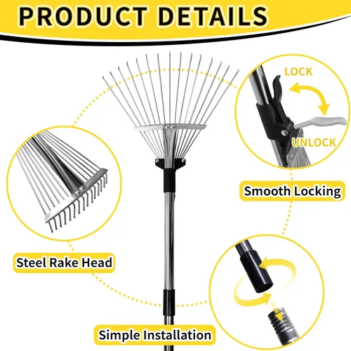 Vista 3 de Rastrillo de jardín para hojas, rastrillo de hojas ajustable de metal resistente para césped, mango largo de 33 a 69 pulgadas con cabeza expandible