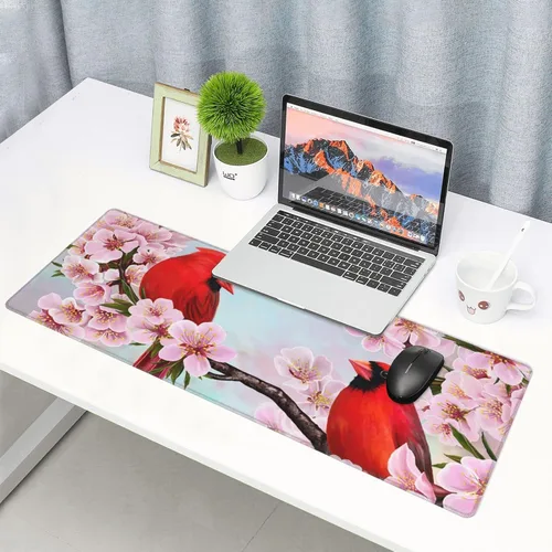 Vista 5 de Alfombrilla de mouse grande con bonitos pájaros rojos en flores de cerezo extendida con bordes cosidos, alfombrilla de mouse para computadora