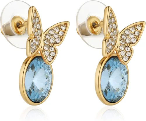 Vista 2 de KRUCKEL Aretes colgantes de mariposa hechos con cristal de Swarovski Aretes chapados en aleación de oro con forma de gota azul, regalo para mujer