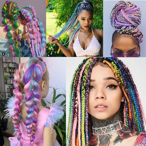 Vista 6 de Paquete de 3 extensiones de cabello trenzado de arco iris de 24 pulgadas, mezcla de cuatro colores para trenzas, trenzas de caja jumbo de fibra